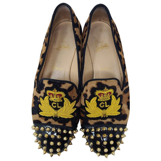 Christian Louboutin Leopard Spike Logo Printed Loafers 39.5 EU