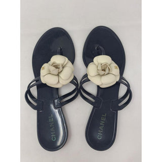 Chanel Black Jelly Camellia Interlocking CC Thong Sandals 40 EU