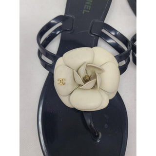 Chanel Black Jelly Camellia Interlocking CC Thong Sandals 40 EU