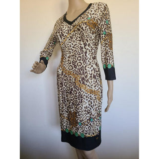 Roberto Cavalli black brown multicolour Leopard print long-sleeved dress 6 sz