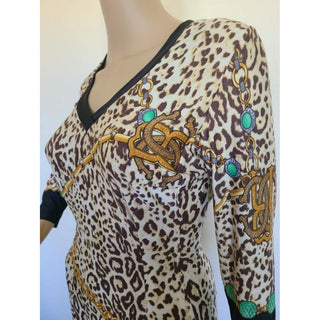 Roberto Cavalli black brown multicolour Leopard print long-sleeved dress 6 sz