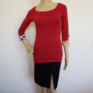 Burberry Red Nova Check Trim Longsleeve Top S sz