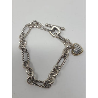 David Yurman Sterling Silver heart charm Figaro chain link bracelet