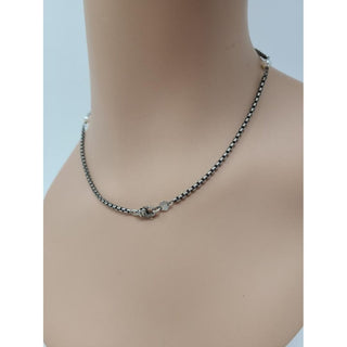 David Yurman Sterling Silver 14k DY and Pearl Station Cable Necklace