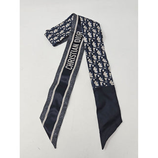 Christian Dior Blue Ivory Mitzah Dior Oblique silk twilly scarf