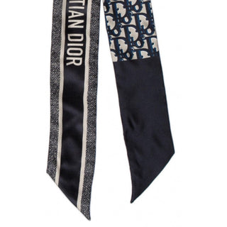 Christian Dior Blue Ivory Mitzah Dior Oblique silk twilly scarf