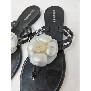 Chanel Black Jelly Camellia Interlocking CC Thong Sandals 39 sz