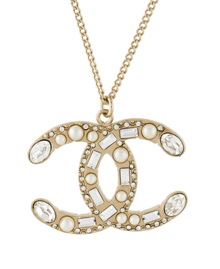 Chanel Gol-tone Faux Pearl Strass CC Pendant Necklace