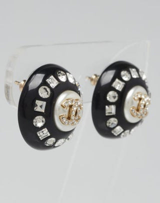Chanel Black Resin Faux Pearl Crystal CC Stud Earrings