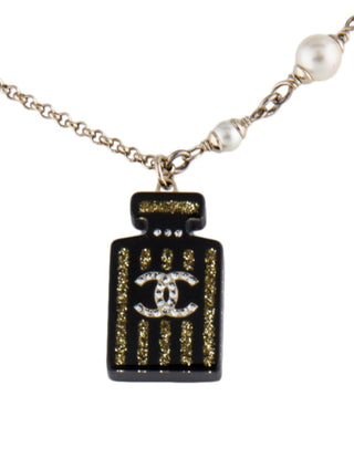 Chanel Gold-tone Faux Pearl Resin Interlocking CC Glitter Pendant Necklace