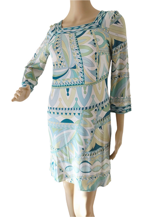 Emilio Pucci White green multicolor signature print long-sleeved summer dress 6 sz