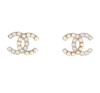 Chanel Gold-tone Faux Pearl Strass Interlocking CC Stud Earrings