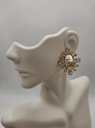 Chanel Golf-tone Pearl Strass Interlocking CC Stud Earrings