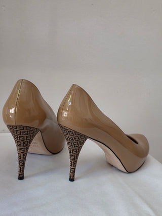 Fendi Brown Patent Leather FF Zucca Logo Pumps 40 sz
