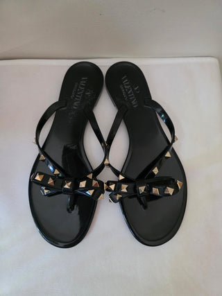 Valentino Black Rockstud Accents Rubber Bow Slides 39 sz