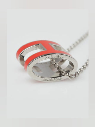 Hermes Red Enamel and Palladium Plated Pop H Pendant Necklace
