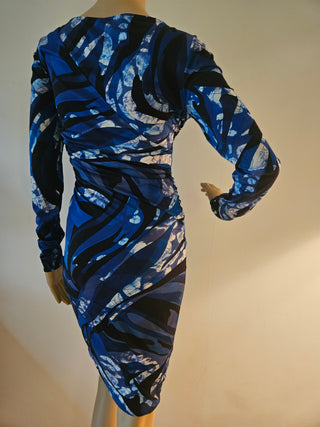 Emilio Pucci Blue Multicolor Signature Print long-sleeved dress 40 sz