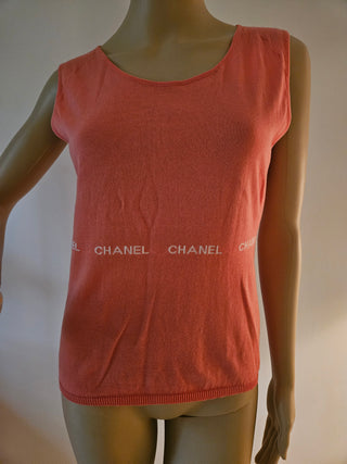 Cute Chanel Coral pink Logo Printed Sleeveless Top M sz