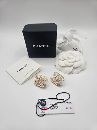 Chanel 2024 Gold-tone white Enamel Interlocking CC logo stud earrings