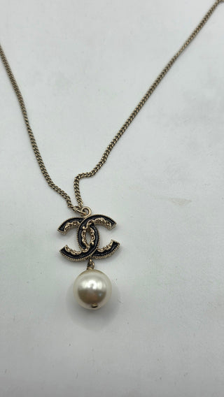 Chanel Faux Pearl Enamel CC Logo Pendant Necklace