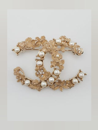 Chanel Gold-tone Metal Crystal Pearl White Nacre CC Brooch