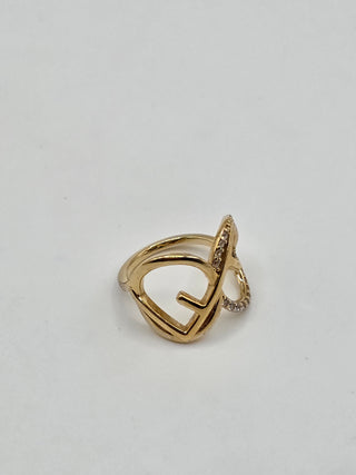Fendi Gold-tone Crystal Embellished Logo Cocktail Ring M 7 sz