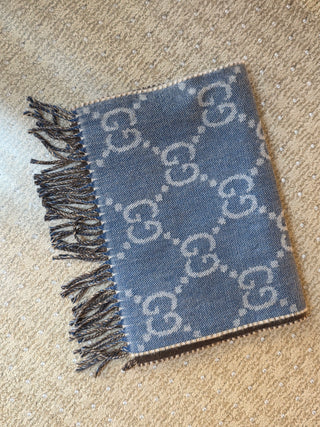 Gucci Blue brown GG Monogram Reversible wool oversized scarf