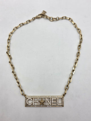 Chanel Gold-tone Strass Logo Pendant Necklace