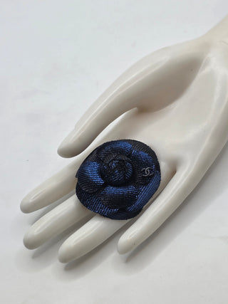 Chanel Metallic Black Blue Camellia CC Logo Fabric Brooch