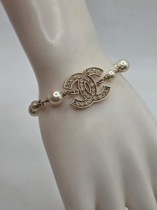 Chanel Gold-tone Faux Pearl Strass Interlocking CC Station Bracelet