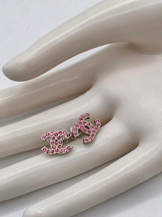Chanel Silver-tone Pink Strass Interlocking CC Stud Earrings