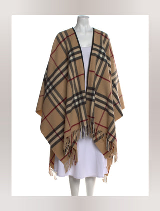 Burberry London Brown Multicolor Wool Plaid Print Sweater Shawl Cape One size