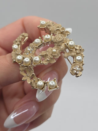 Chanel Gold-tone Metal Crystal Pearl White Nacre CC Brooch