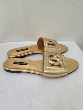 Dolce & Gabbana Gold Leather Cutout Accent Slides 36 sz