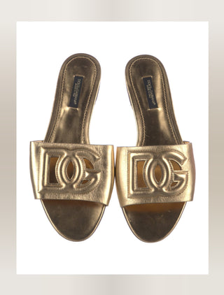 Dolce & Gabbana Gold Leather Cutout Accent Slides 36 sz