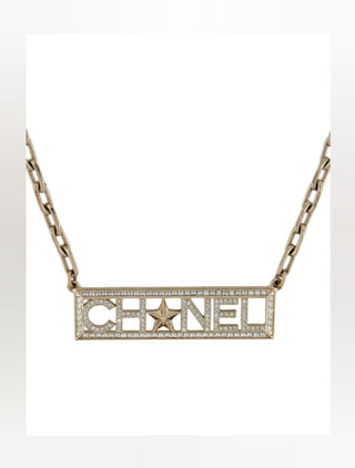 Chanel Gold-tone Strass Logo Pendant Necklace