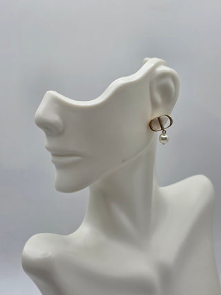 Christian Dior Gold-tone Faux Pearl Petit CD Stud Earrings