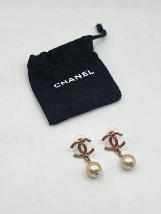 Chanel Gold-tone Faux Pearl Enamel CC Drop Earrings