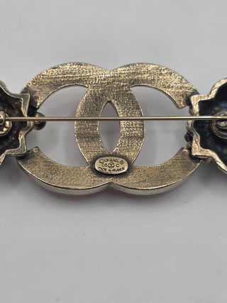 Chanel Silver-tone Strass Enamel Interlocking CC Brooch