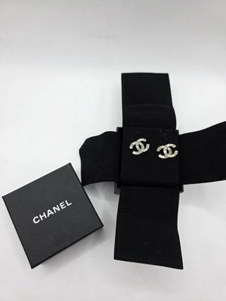 Chanel Silver-tone Strass Interlocking CC Stud Earrings