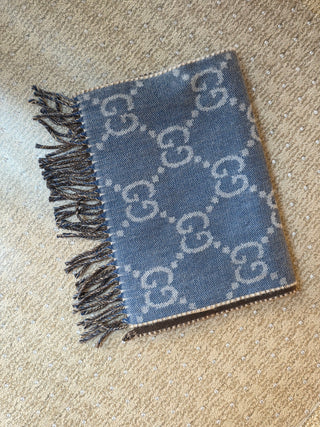 Gucci Blue brown GG Monogram Reversible wool oversized scarf