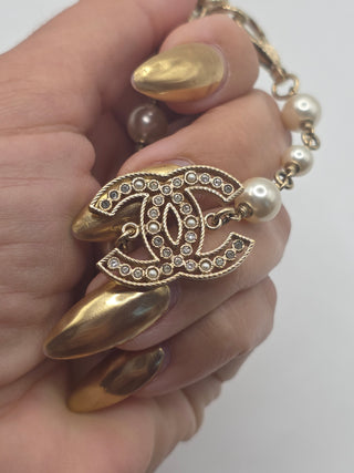 Chanel Gold-tone Faux Pearl Strass Interlocking CC Station Bracelet