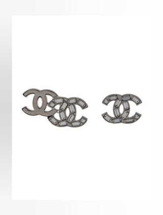 Chanel Silver-tone 2022 Strass Interlocking CC Mismatched Stud Earrings