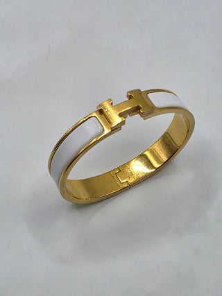 Hermes White Enamel Gold Plated Clic-H Narrow PM Bracelet