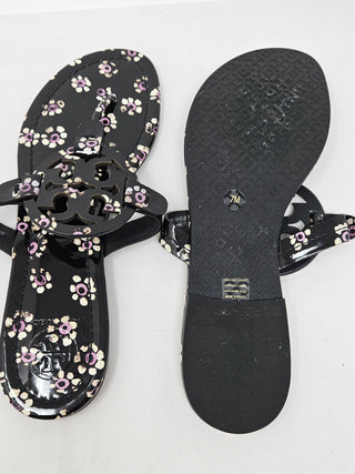 Tory Burch Black Floral Print patent leather Reva thong sandals 7 M