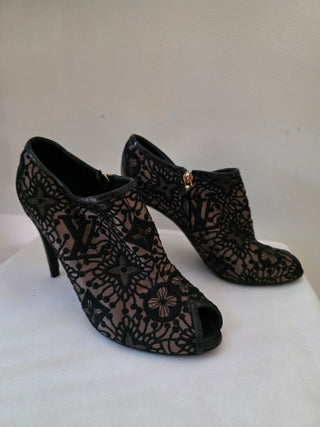 Louis Vuitton Black suede LV Monogram peep-toe booties 38.5 sz