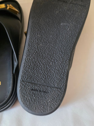 Fendi Black leather Gold-tone logos slides 38.5 sz