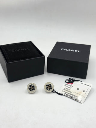 Chanel Silver-tone Resin Faux Pearl Interlocking CC Stud Earrings