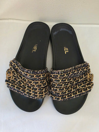 Chanel Black Leather 2016 Interlocking CC Logo Slides 36 sz
