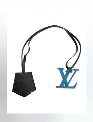 Louis Vuitton Black Leather LV logo bag charm tag